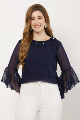 REESE Casual Self Design Women Dark Blue Top