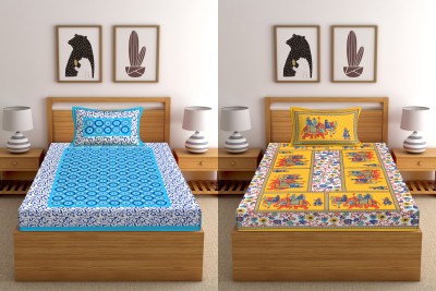 Indram 144 TC Cotton Single Printed Flat Bedsheet(Pack of 2, Blue, Yellow)