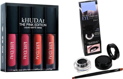kHUDAt Matte Minis Pink Edition Liquid Lipstick Set of 4 & Jet Black 2 In 1 Long Lasting/ Waterproof Black Eyeliner Gel And Eye Powder(2 Items in the set)