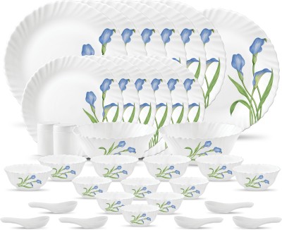 LAOPALA Pack of 35 Opalware Present NOVO 35pcs TT Designe (6-Pcs Full Plate, 6-Pcs Quarter Plate, 1-Pc Rice Plate, 2-Pcs Serving Bowl, 6-Pcs Soup Bowl, 6- Pcs Veg Bowl, 6-Pcs Spoon, 2-Pcs Salt & Pepper) Dinner Set(White, Green, Blue, Microwave Safe)