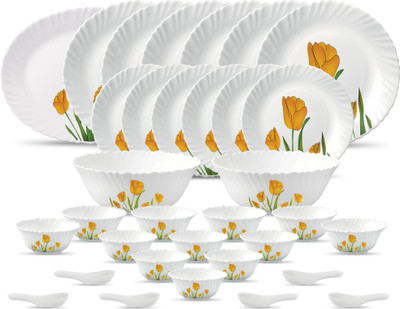 LAOPALA Pack of 33 Opalware Diva Classique Collection Tulip Passion Dinner Set(White, Yellow, Green, Microwave Safe)