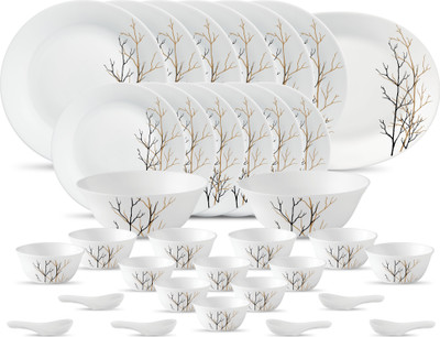 LAOPALA Pack of 33 Opalware Ivory Golden Fall 33 Pcs Dinner Set(White)