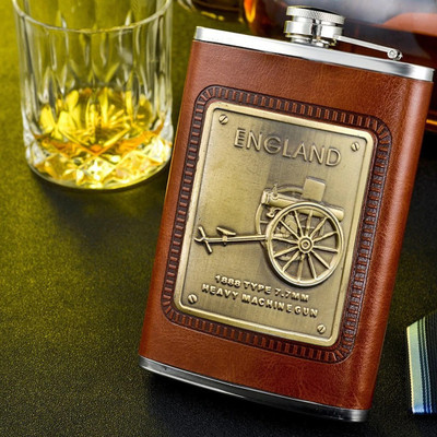 nexShop R ™1136 Brown_ England Hip Flask Stitched Leather Hip Flask Wine Whiskey Vodka Stainless Steel Hip Flask(236 ml)