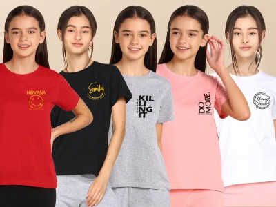Young trendz Girls Printed Pure Cotton T Shirt(Multicolor, Pack of 5)