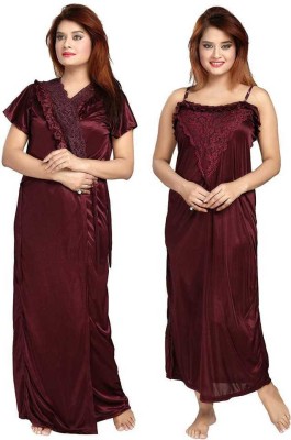 Cotovia Women Nighty with Robe(Maroon)