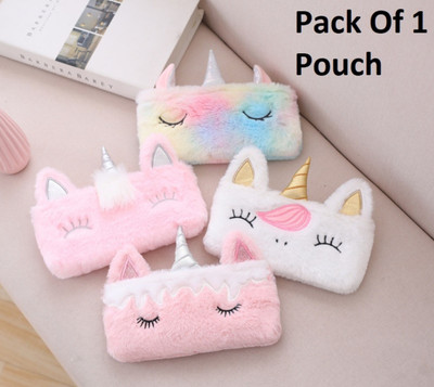 A Little Swag Eyes Embroidery Pouch Unicorn Fur Pouch Art Polyester Pencil Box(Set of 1, Multicolor)