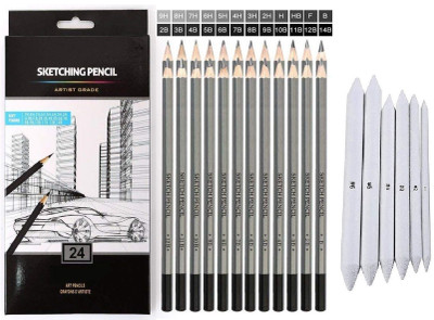 Definite Art 6Pc Paper Blending Stumps + 24Pc Drawing/Sketching Pencil Set; Degree Grade Pencil(Grey and White) Definite Art 6Pc Paper Blending Stumps + 24Pc Drawing/Sketching Pencil Set; Degree Grade Pencil(Grey and White)
