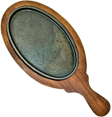 HEZKOL Wooden Base Round Shape With Handle Sizzler Tray(Microwave Safe)
