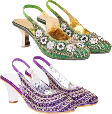 Zionk Women Heels(Green, Purple , 7)