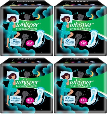 Whisper bindazzZ nights XL+ ( 15+15+15+15 pads ) Sanitary Pad  (Pack of 4)
