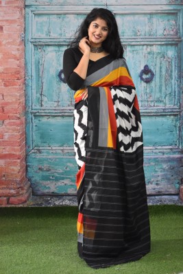 Kiaaron Hand Painted, Printed, Self Design, Blocked Printed Ikkat Pure Cotton Saree(Black)