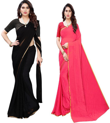REBOOT FASHIONS Solid/Plain Bollywood Chiffon Saree(Pack of 2, Black, Pink)