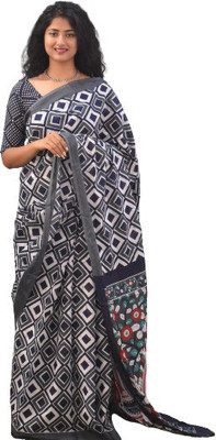 Tropwear Printed, Self Design, Digital Print, Hand Painted, Blocked Printed Ikkat Pure Cotton Saree(Grey)