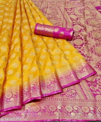 PANTHUDI Woven, Solid/Plain Kanjivaram Nylon, Jacquard Saree(Yellow)