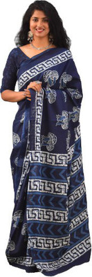 Clothonus Printed, Self Design, Hand Painted, Blocked Printed, Graphic Print Ikkat Pure Cotton Saree(Blue)