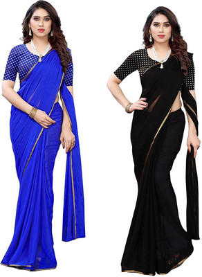REBOOT FASHIONS Solid/Plain Bollywood Chiffon Saree(Pack of 2, Blue, Black)