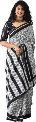 Tropwear Printed, Self Design, Digital Print, Hand Painted, Blocked Printed Ikkat Pure Cotton Saree(Grey)