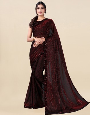 Magmina Woven, Self Design, Embellished Bollywood Lycra Blend Saree(Black, Maroon)