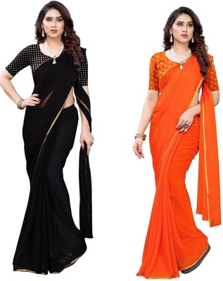 REBOOT FASHIONS Solid/Plain Bollywood Chiffon Saree(Pack of 2, Black, Orange)