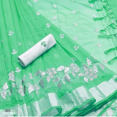 GLOWMOROUS Self Design Ikkat Chanderi Saree(Green)