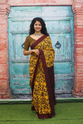 Tropwear Printed Ikkat Pure Cotton Saree(Yellow, Black)