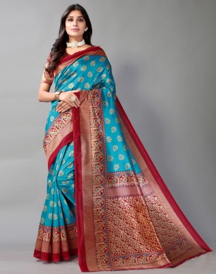Siril Floral Print, Geometric Print, Printed Banarasi Cotton Silk, Silk Blend Saree(Green, Maroon)