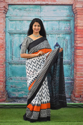 Kiaaron Printed Ikkat Pure Cotton Saree(Orange)