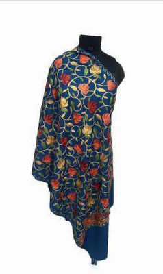 PASHTUSHS Wool Floral Print Women Shawl(Blue)