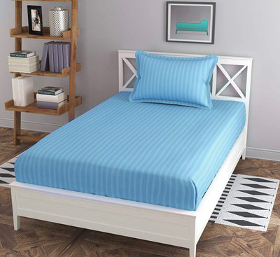 Skytex 150 TC Satin Single Striped Flat Bedsheet(Pack of 1, Light Blue)