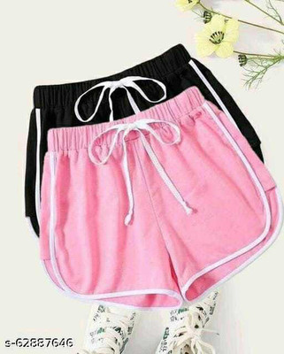 POWERmerc Solid Women Pink, Black Regular Shorts