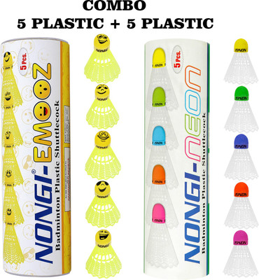 Nongi Badminton shuttle (Neon & Emoz) combo of 10 shuttle for indoor outdoor sports Plastic Shuttle  - White(Medium, 77, Pack of 10)