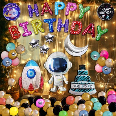 Prihit Space Theme Birthday Combo With Astronaut, Stars, Moon, Rocket, Cake and Light(Set of 88)