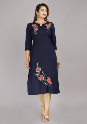Mehsoos Women Embroidered Straight Kurta(Dark Blue)