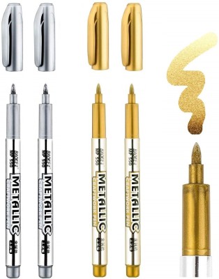Definite 2Pc Silver & 2Pc Golden Metallic Craftwork Pen (1.5mm) for Plastic, Glass etc(Set of 4, Golden, Silver)