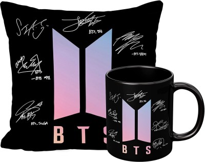 Vickvii BTS Black Printed Cushion(12*12) With Full Printed Black Coffeee(330ML) Ceramic Coffee Mug(330 ml, Pack of 2)