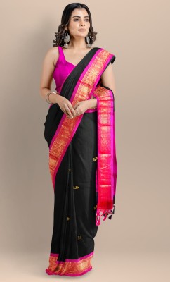 Fab Silk Embroidered Paithani Cotton Silk Saree(Black, Pink)