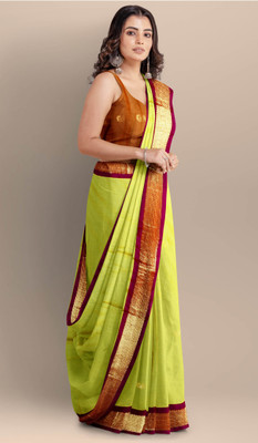 Fab Silk Embroidered Paithani Cotton Silk Saree(Light Green, Red)