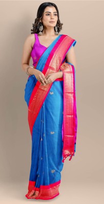 Mysstre Self Design Paithani Cotton Silk Saree(Blue)