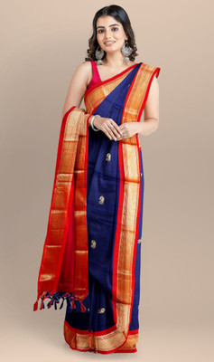Fab Silk Embroidered Paithani Cotton Silk Saree(Dark Blue, Red)