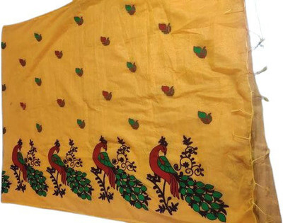 Bakshi Telecom Embroidered Handloom Cotton Silk Saree(Yellow)