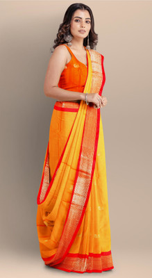 Mysstre Embroidered Paithani Cotton Silk Saree(Orange)