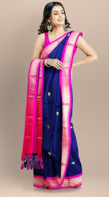 Fab Silk Embroidered Paithani Cotton Silk Saree(Dark Blue, Pink)