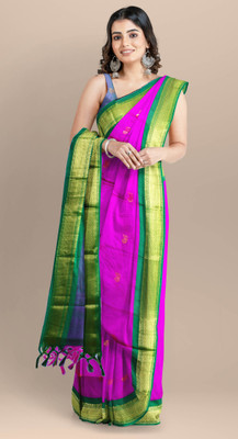 Mysstre Embroidered Paithani Cotton Silk Saree(Magenta)