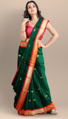 Fab Silk Embroidered Paithani Cotton Silk Saree(Red, Green)