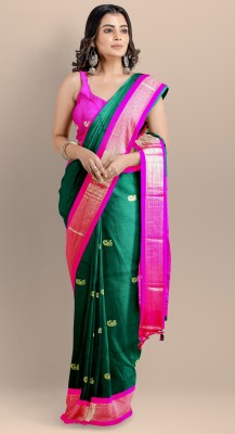 Fab Silk Embroidered Paithani Cotton Silk Saree(Dark Green, Pink)