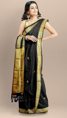 Riddhi Enterprise Woven Paithani Jacquard, Cotton Silk Saree(Black)