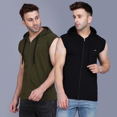 Tees Collection Solid Men Hooded Neck Dark Green, Black T-Shirt