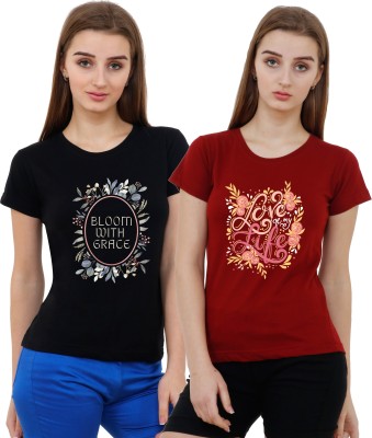 Reifica Printed Women Round Neck Maroon, Black T-Shirt