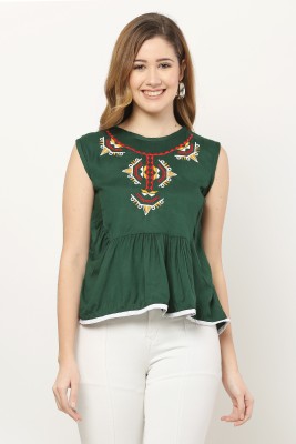 N K COLLECTION Casual Embroidered Women Green Top