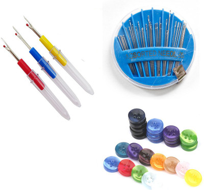 Crafts Haveli 3 Items Combo : 3 Seam Ripper, 20 Multi Button, Needle Compact